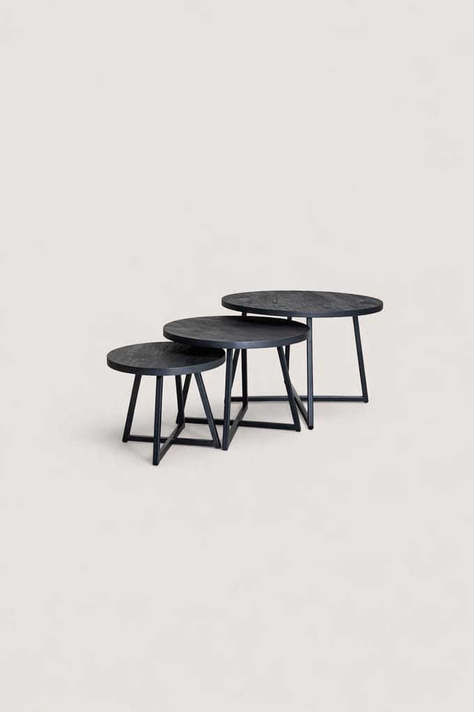 Salontafel Set van 3 Mangohout – Rond – Zwart – Industrieel