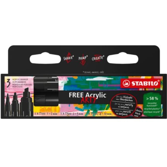 STABILO FREE - Acryl Marker - Mixed Tip Set - Zwart - 3 Verschillende Tip Sizes