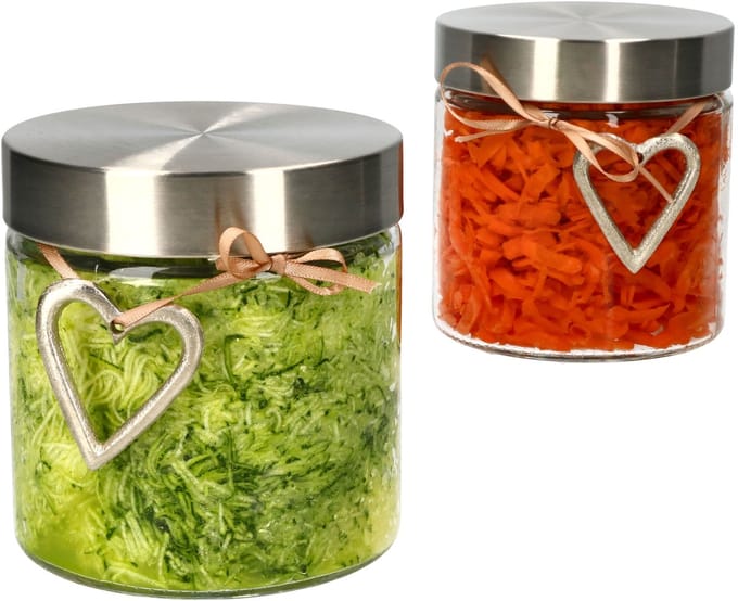 Set van 2 Bera voorraadpotten 0,8L + 2x Karunja metalen hart & 2x decoratielint