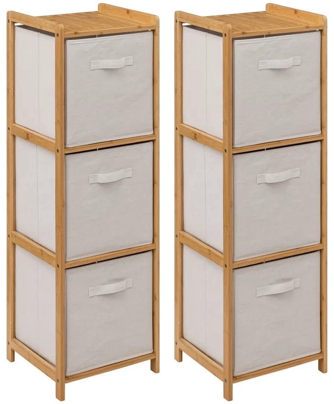 5Five Opbergkast met 3 polyester manden - 2x - 3 lagen - bamboe - beige - 35 x 33 x 109 cm