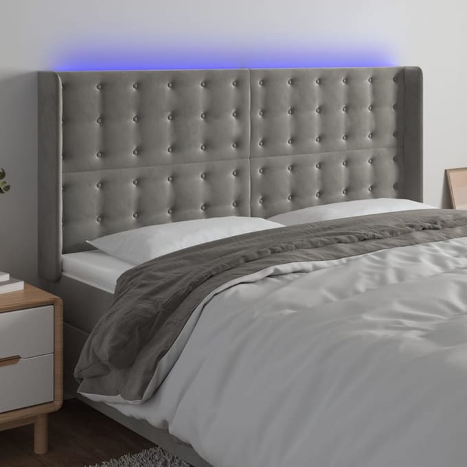 vidaXL - Hoofdbord - LED - 163x16x118/128 - cm - fluweel - lichtgrijs