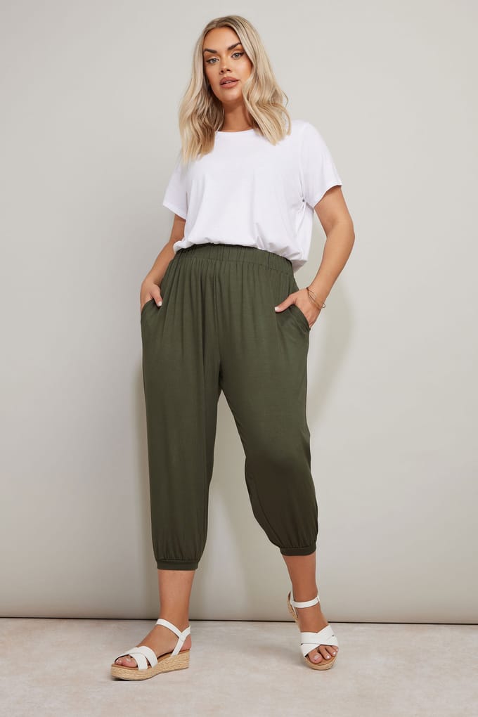 Yours Cropped Harembroek Van Jersey In Kakigroen Size 48
