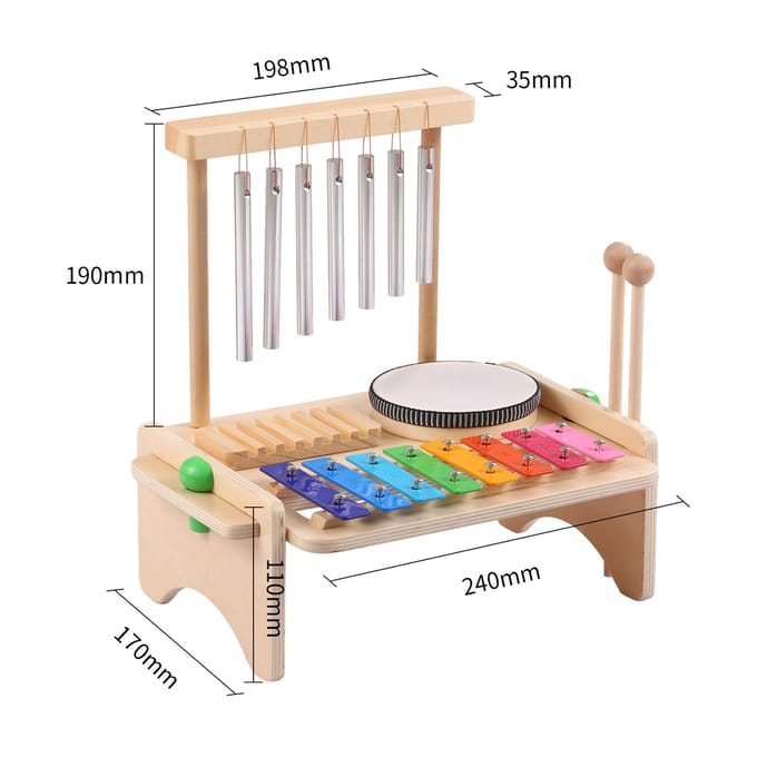 Windgong Combinatieset Kinderdrumset Windgong Xylofoon Trommel Hout Guiro Schraper 4-in-1 Muzikaal beige