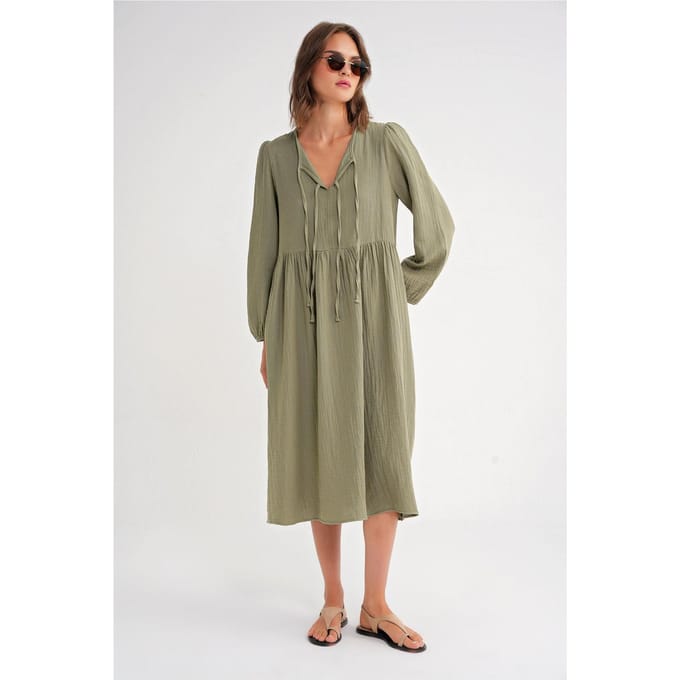 V-hals Midi-jurk met striksluiting
