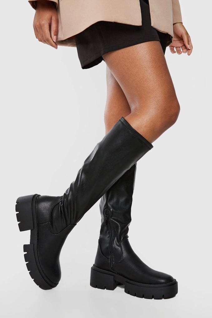 boohoo Dames Chunky kniehoge laarzen | Black | Maat: 3