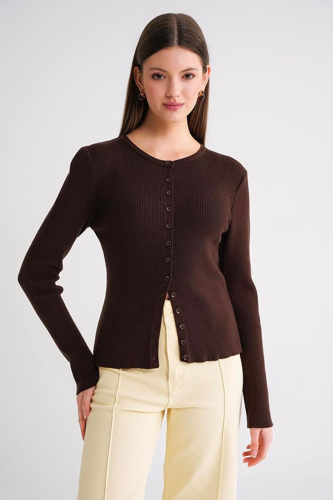 Geknoopte Slim Fit Geribbelde Brei Cardigan