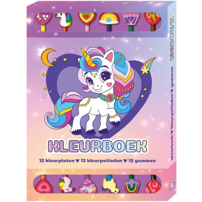 Kleurboek Box Met 12 Potloden En Gummen - Unicorns - Interstat