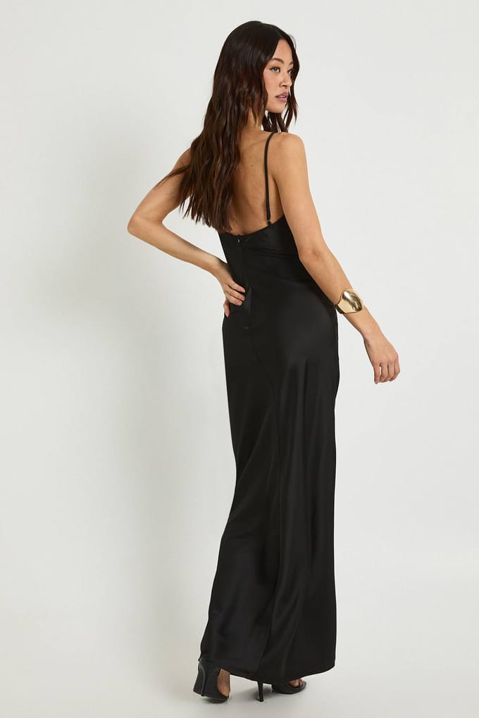 boohoo Dames Lange satijnen slip column maxi-jurk | Zwart | Maat: 42
