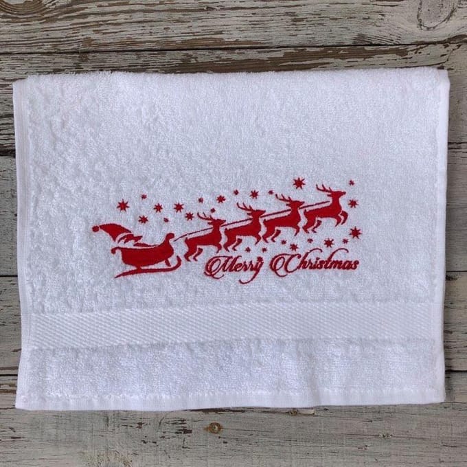 Merry Christmas - Gastendoekje - wit met rode borduring - 55x30cm