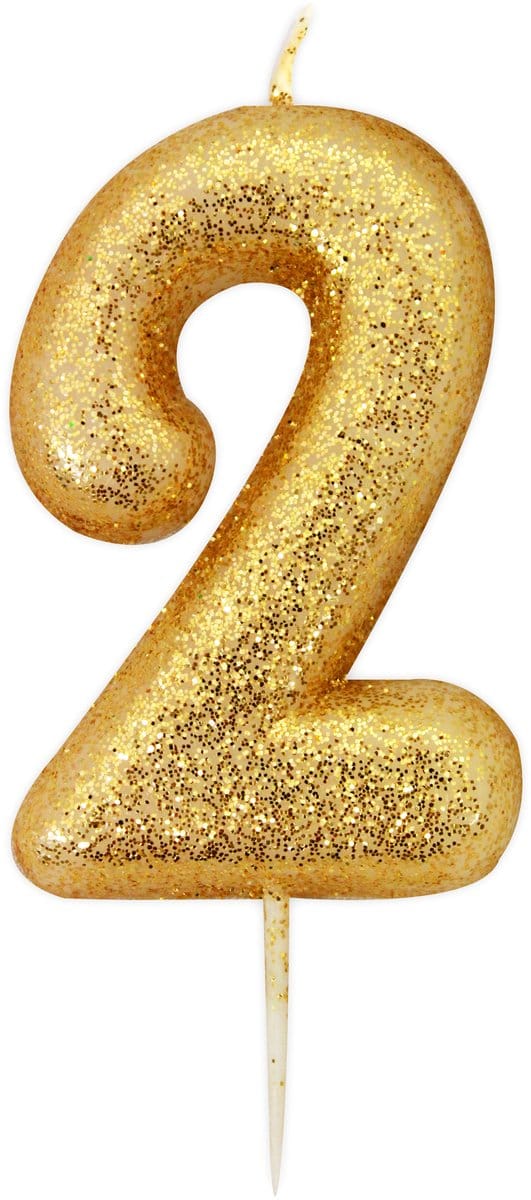 ANNIVERSARY HOUSE - Glitter gouden cijferkaars 2 van 8,5 cm met prikker