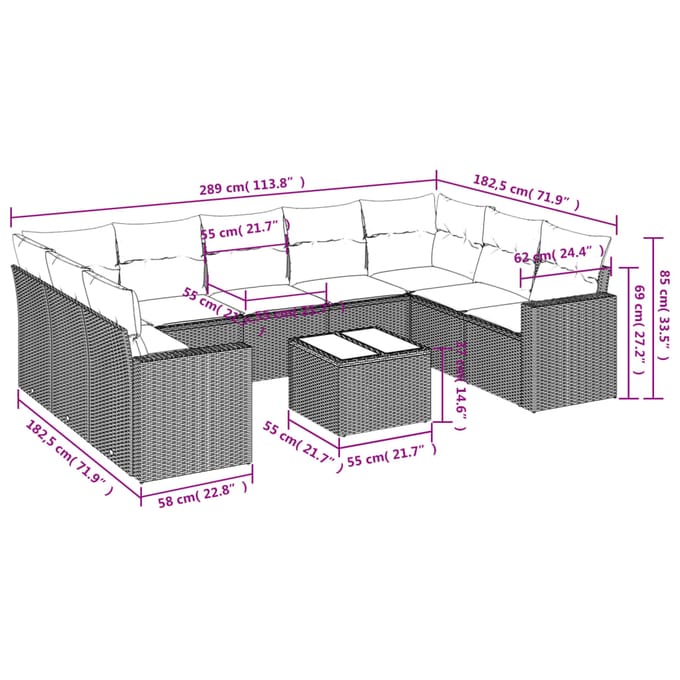 vidaXL - 10-delige - Loungeset - met - kussens - poly - rattan - grijs