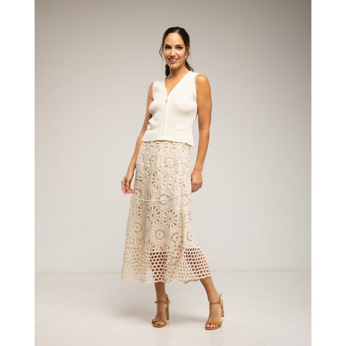 Midi-rok van gehaakt materiaal met elastische taille (o "Midi-crochetrok...")