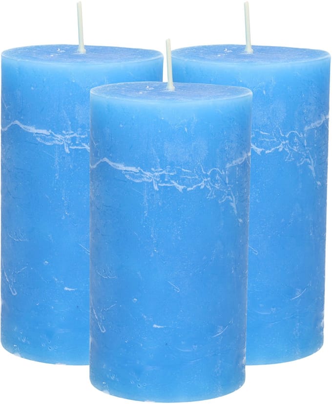 Atmosphera Stompkaars - 3x - helder blauw - 7 x 13 cm - rustiek model - cilinderkaars - kaars
