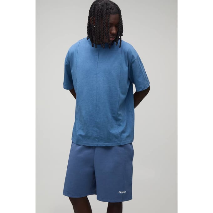 Heren Sport Naaddetail Oversized T-shirt & Baggy Short Set | Slate Blue | Size Medium