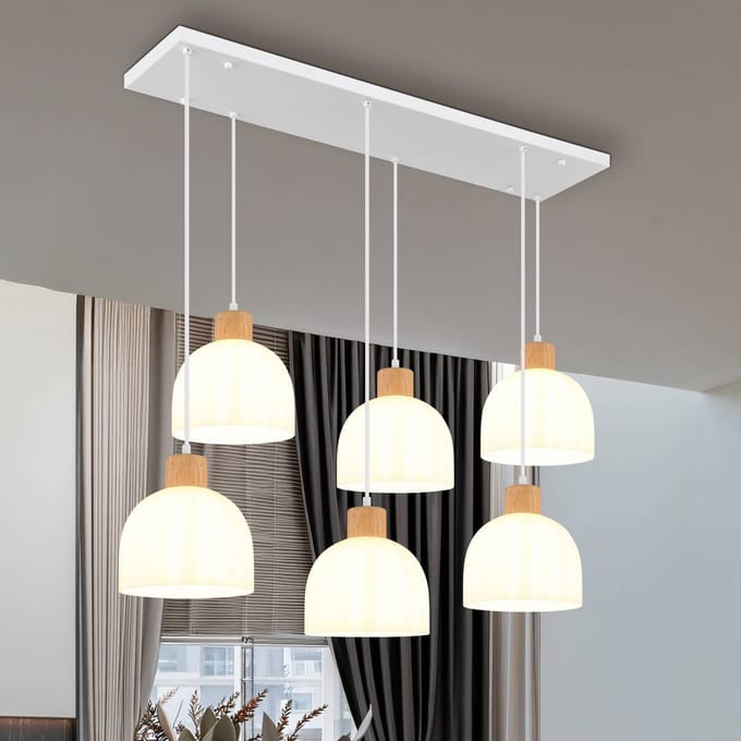 Globo Hanglamp Swanson, lengte 105 cm, wit/bruin, glas/hout, 6-lamps
