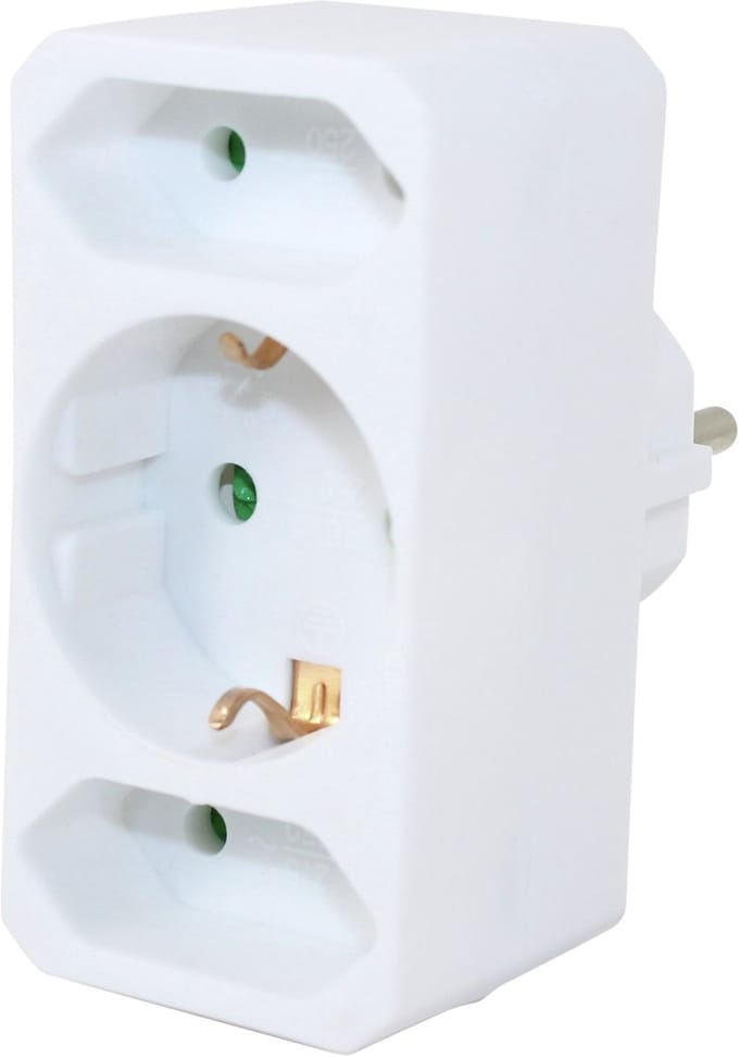 Scanpart stopcontact splitter - Horizontaal - Verloopstekker - 3 voudig - 2x Euro en 1x Schuko - Met randaarde - NL