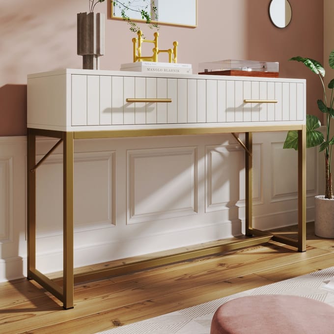 MIVRAY Kaptafel - 2 Laden En Geribbelde Fronten - Voor Slaapkamer - Spaanplaat En Metaal - 100x45x75 Cm - Wit
