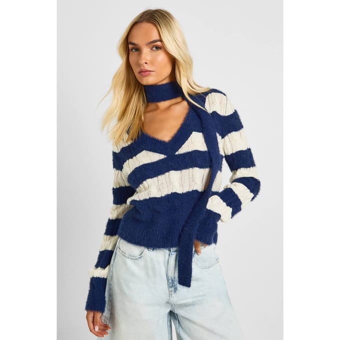 boohoo Dames Superzachte chunky streep V-hals trui en sjaal | Marineblauw | Maat: Medium
