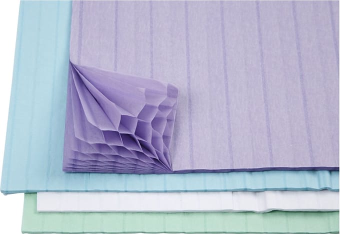 Honingraat papier, vel 28x17,8 cm, lichtblauw, groen, paars, wit, 4x2 vel
