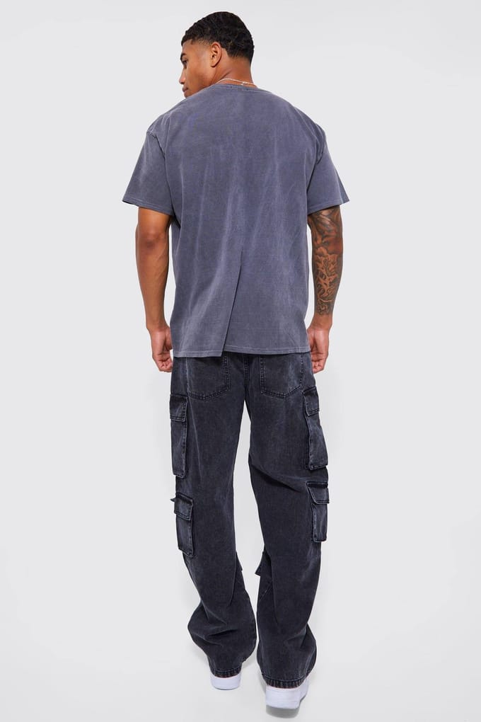 Relaxed Fit Acid Wash Cargo Jeans | Charcoal | Size 30R