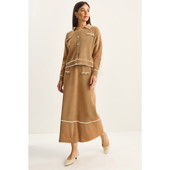 Geribbelde Tricot Midi Twee-Delige Set met Knopen Sluiting