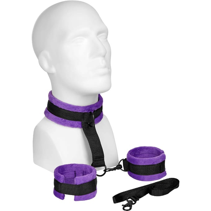 Rimba - Soft Bondage Collar Met handboeien En leiband - Zwart/Paars