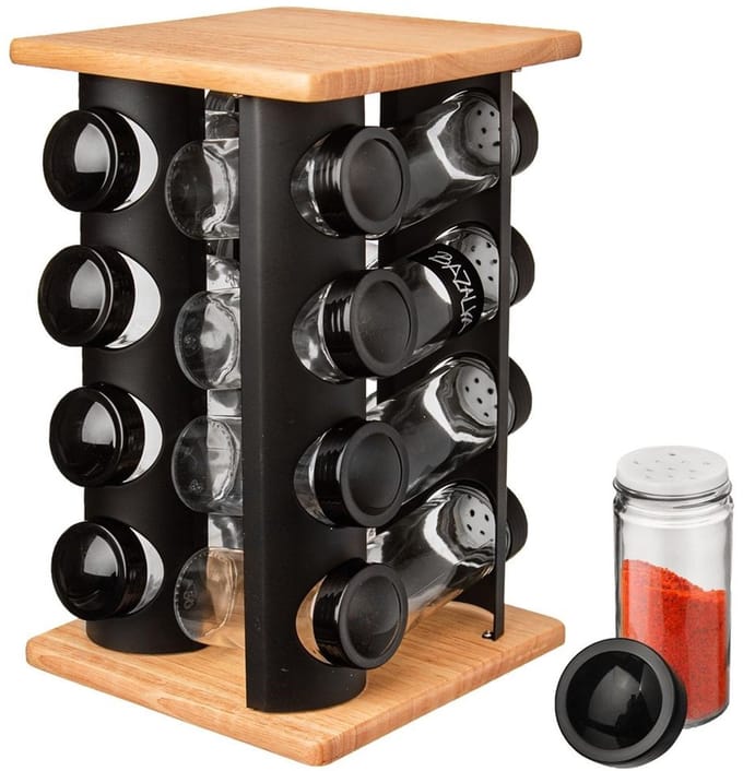 Étagère à épices avec contenants, tournante, NOIRE, 16 pcs.