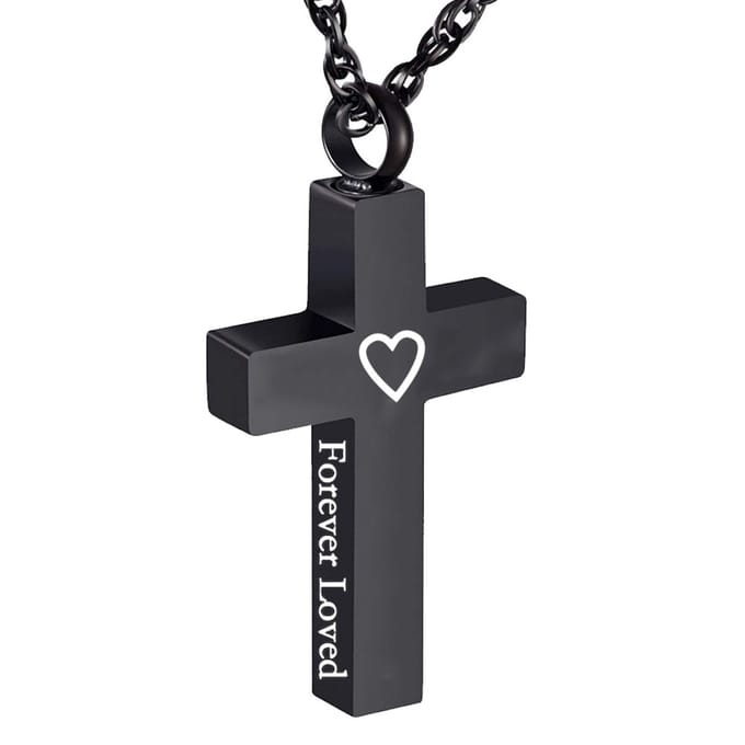 Fako Bijoux® - Ketting - Ashanger / Assieraad - Kruis Forever Loved - RVS - Staal - Zwart