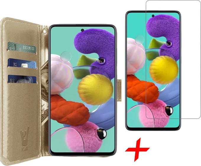 Hoesje geschikt voor Samsung A51 en Screenprotector - Book Case Kunstleer Wallet + Screenprotector - Goud