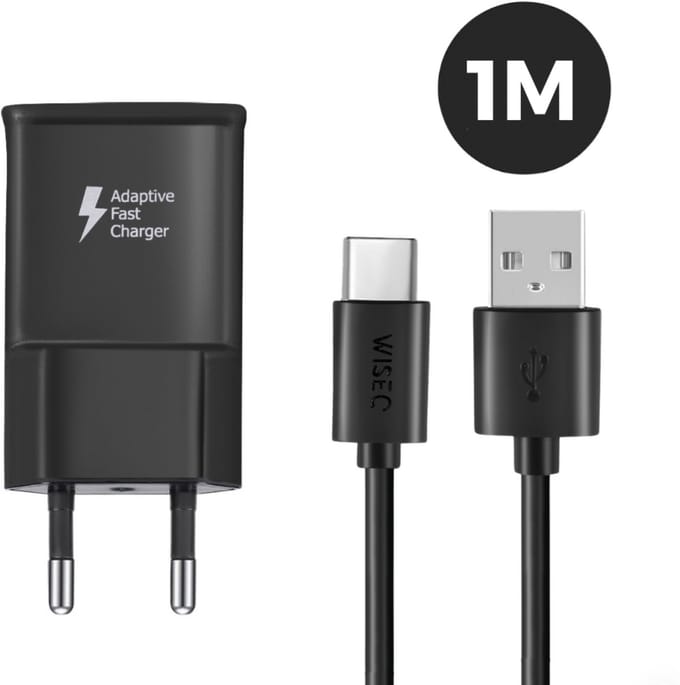 WiseQ USB C Oplader - Geschikt voor Samsung Galaxy - 18W Adaptive Fast Charging - Met Oplaadkabel 1 Meter - Zwart