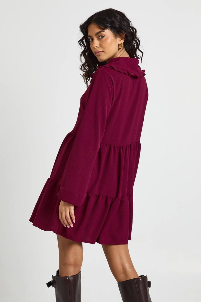 boohoo Dames Geplooide Ruches Kraag Smock Jurk | Plum | Maat: 8