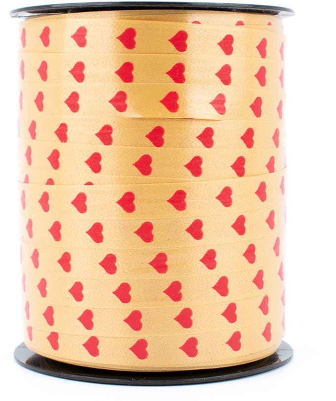 Krullint - cadeaulint - 10 mm x 250 meter - goud met rode hartjes