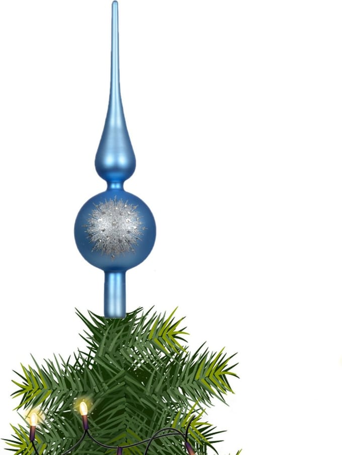 Decoris kerstboom piek gedecoreerd - blauw - mat - glas - 31 cm - kerstboompiek
