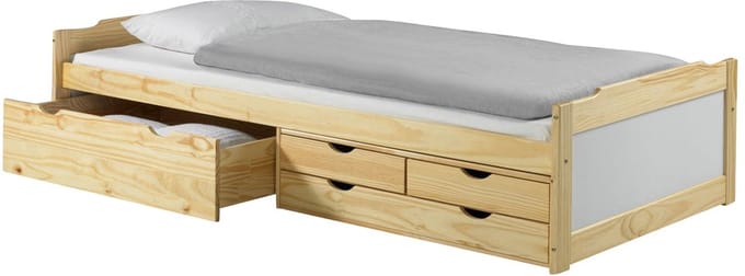 Bed met opbergruimte ANDREA 90 x 200 cm van massief hout - Wit/natuur