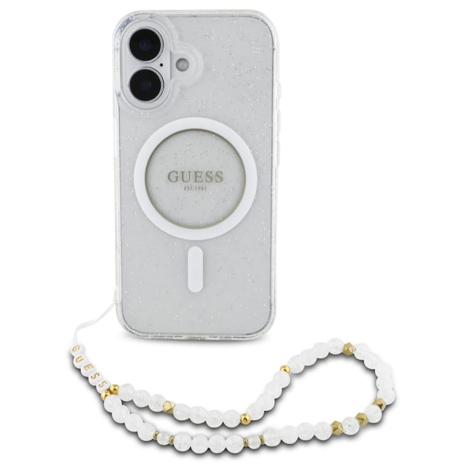 Guess MagSafe IML Glitter Case met beads strap voor de Apple iPhone 16 - Transparent