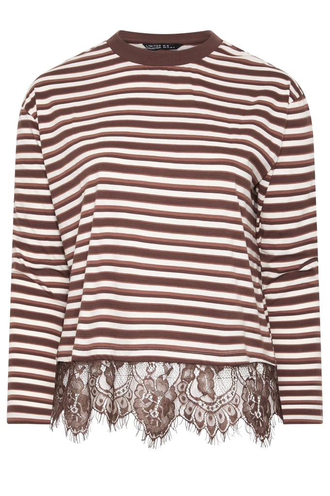 Limited Collection Bruine Gestreepte Top Met Kanten Afwerking Size 48