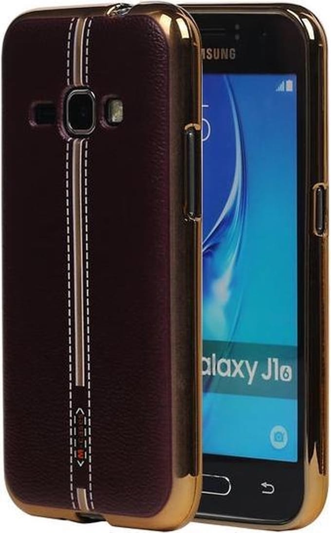 M-Cases Bruin Leder Design TPU back case hoesje voor Samsung Galaxy J1 2016