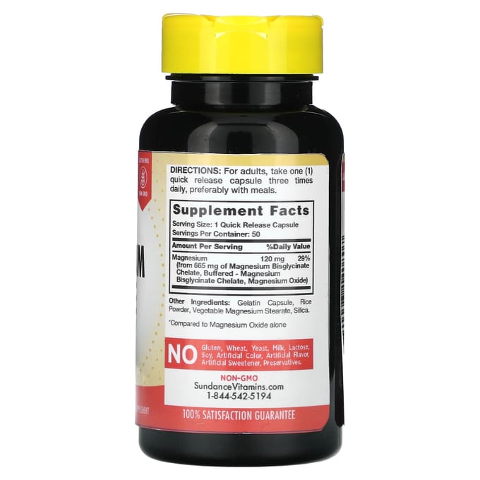 Glycinate de Magnésium à Haute Absorption, 665mg, 50 Capsules à Libération Rapide