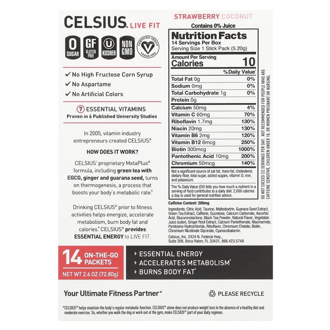 Celsius, Live Fit, Aardbei Kokos, draagbare 14-pak, 0,18 oz (5,2 gr) elk