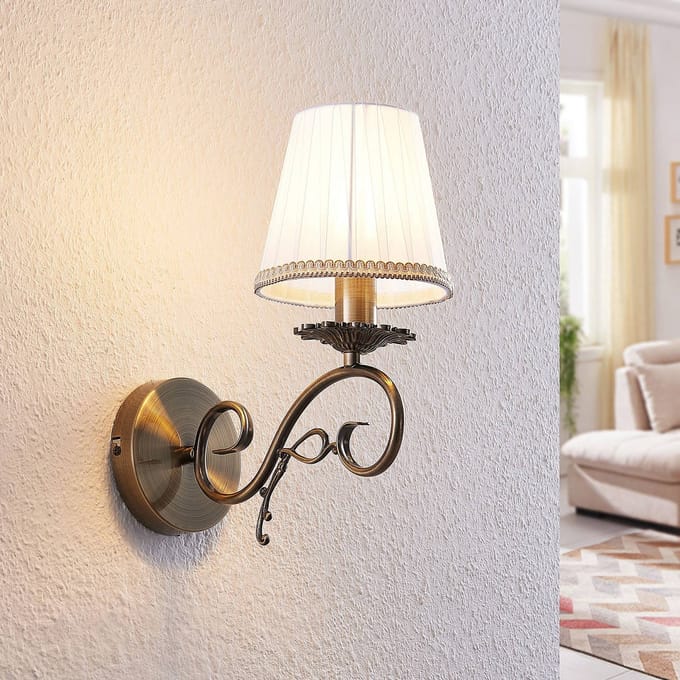 Lindby - Wandlamp - 1licht - Textiel, metaal - H: 33.5 cm - E14 - wit, antiek messing