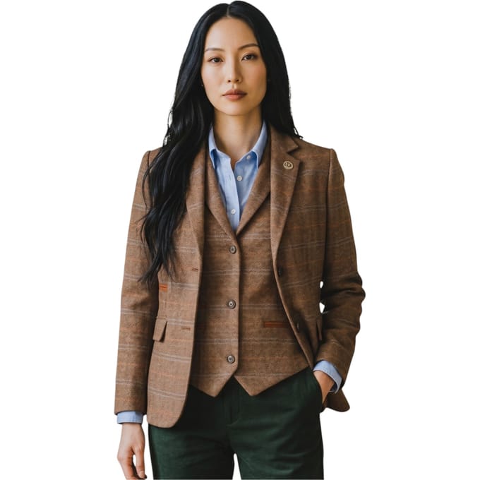 Dames eikenbruine 2-delige geruite formele tweed blazer en vestset - TPSTZ-7