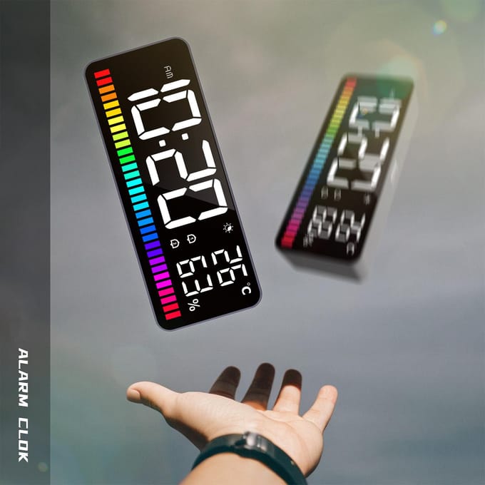 LED Wekker met Ritme Lichtbalk Nachtlampje Digitale Klok Groot Display Temperatuur en zwart
