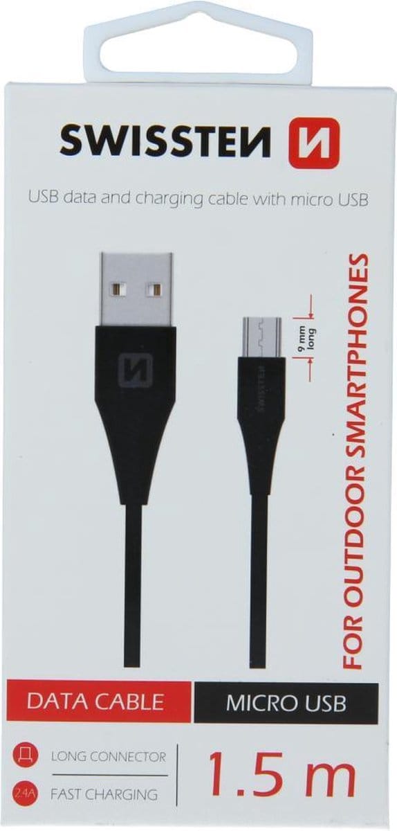 SWISSTEN - USB naar MICRO Male USB - 1,5 M (Zwart) 9mm (USB Data & charging Cable)