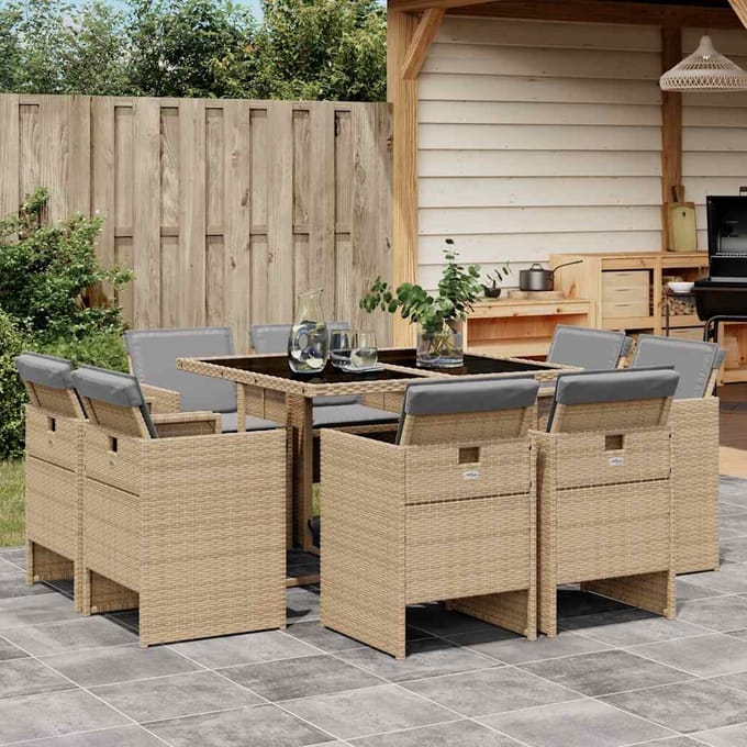 vidaXL - 9-delige - Tuinset - met - kussens - poly - rattan - gemengd - beige
