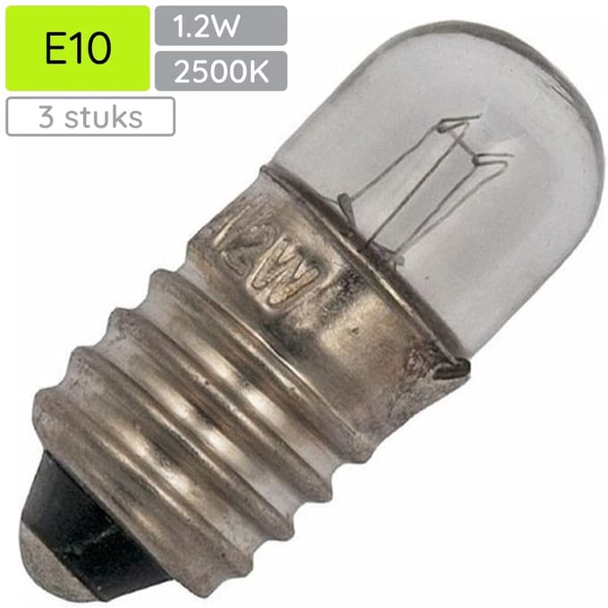 Signaallamp E10 60V 1.2W - 20 mAh - 3 stuks - T9 Gloeilamp Ø9mm - 23mm - 2500K - Dimbaar