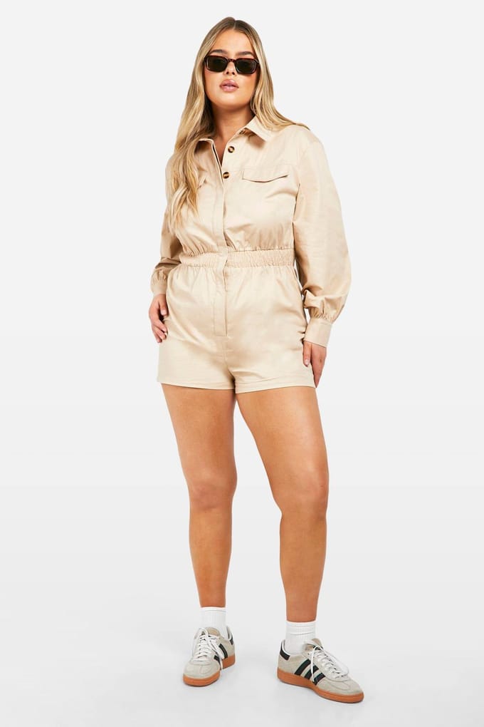 boohoo Dames Plus Utility Playsuit met Lange Mouwen | Steen | Maat: 56