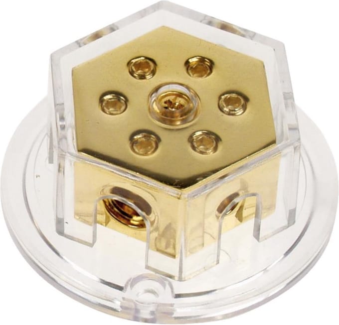 Power distribution block (gold) 2x50 mmÂ² in / 4x20 mmÂ²