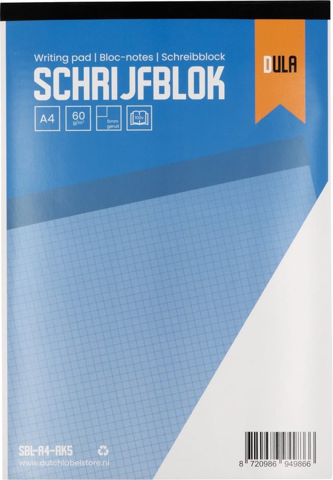 Schrijfblok A4 formaat met ruit 5mm 100 vel - Notitieblok geruit 5mm - 60 grams papier - DULA
