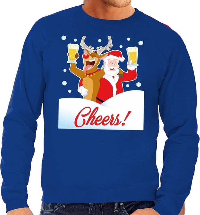 Foute kersttrui cheers met dronken kerstman blauw voor heren S