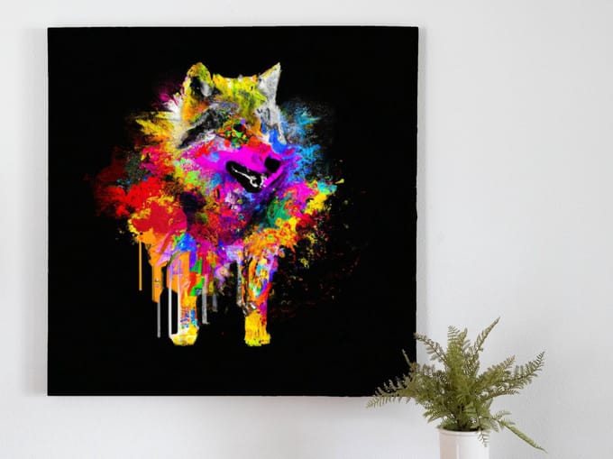 Fiery wolf in technicolor | Fiery Wolf in Technicolor | Kunst - 40x40 centimeter op Dibond | Foto op Dibond